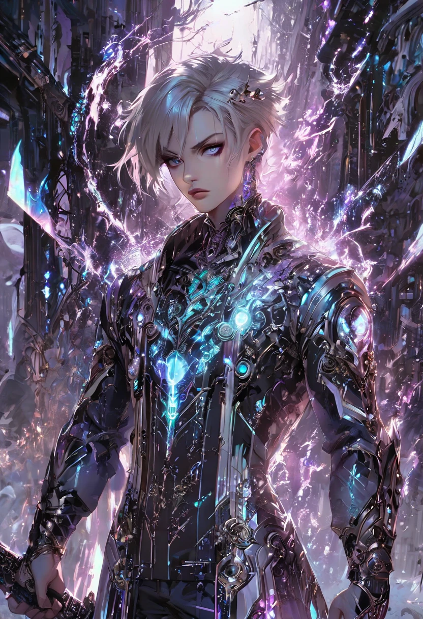 armed,weapon, holding weapon,stylish boy, beauty face, fantasy character, aura art, ethereal atomosphere,interface design, digital artwork, futuristic design, glow neon, glow button, inside futuristic rectangular frame, he fight with glowing sword, global illuminaton, energy burst from sword