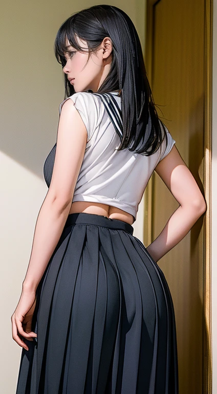 (nsfw:1.1),white plain dress shirt,(short plaid pleated skirt),adult curvy body,(tanned japanese gyaru),thick thighs,(upskirt:1.1),sweaty,(buttocks focus),from below,from behind