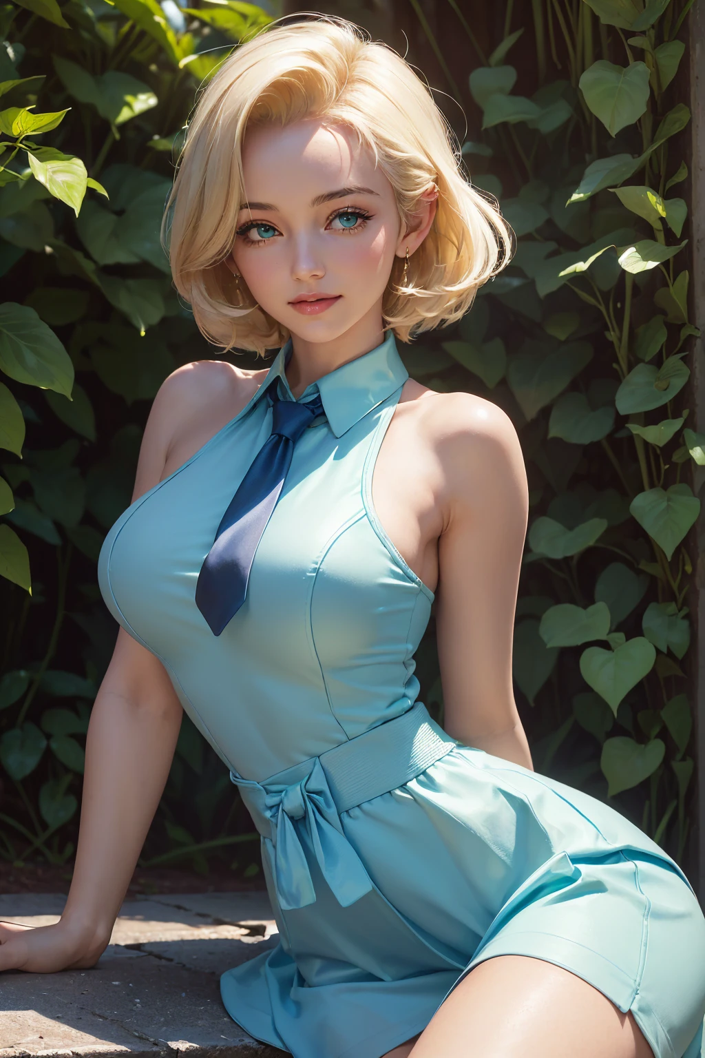 masterpiece, 1girl, solo, make her a sexy Alice in Wonderland with blonde hair, powder blue dress with white apron, white stockings, cleavage, dynamic, ultra high def, 32k, (perfect anatomy:1.5), perfect legs, in the style of Artgerm and Adam Hughes, perfect arms, downblouse