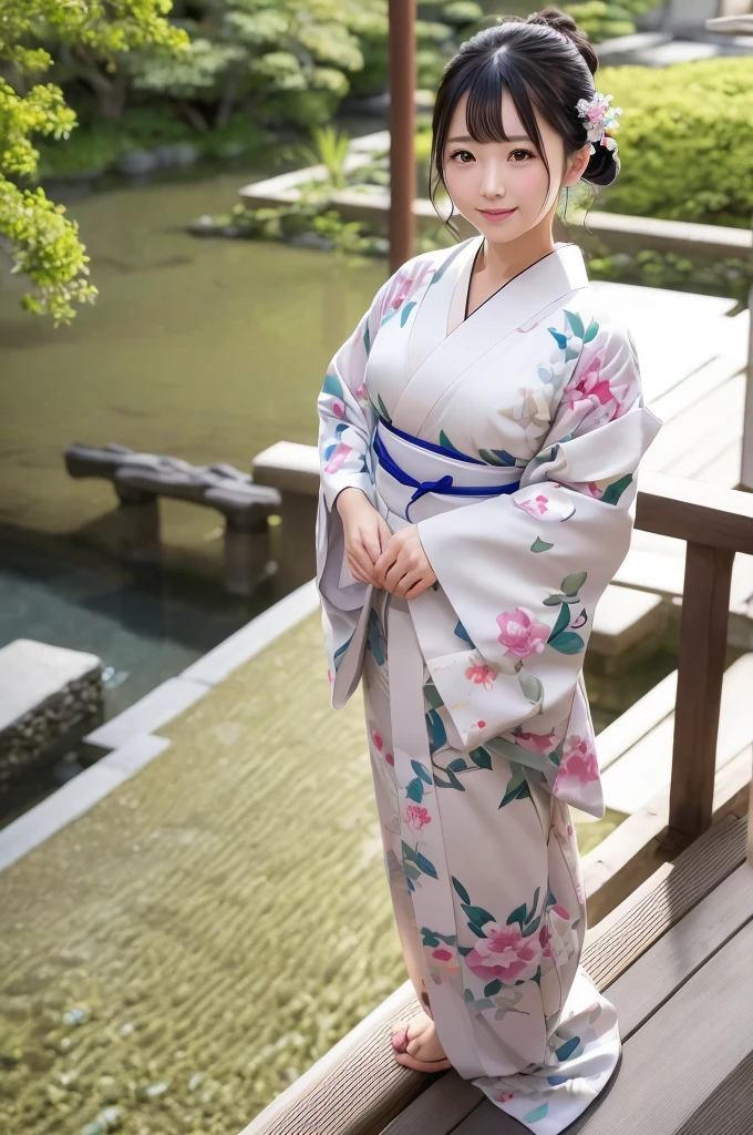 8k、 high definition、 ultra detail、 photorealistic、 high definition 、Realistic and accurate depiction、Realistic and accurate human anatomy、 best quality、 Japanese woman with a viewing angle of 、 pretty girl、(((JPGND))), (((kimono))), (( best quality、8k傑作:1.3))、(Super beautiful face:1.0)、( pubic skin:1.0)、 Realistic Pictures、 Perfect Dynamic Composition,  Video Writing 、 high definition の目と顔、One of the Japanese, Pure beauty, cute,  elegant , kimono,  smiles, ,A long-established inn in Kyoto,  Japanese Garden, Luxurious Japanese-style room, 振り返って smiles