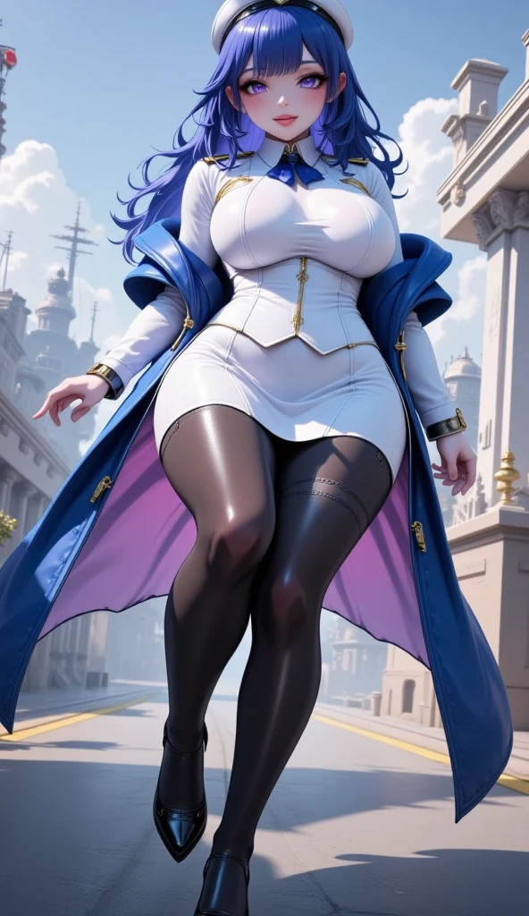  Young Beautiful Dark Elf Women ,( best quality, very detailed depiction , Incredibly Absurd High Definition ,Curvaceous Body, shiny skin with knees,Beautiful legs),(Female military personnel,Female admiral,white-toned latex military uniform with epaulettes, tight skirt , black tights,White cap, high heels),(Blue Skin:2.0, eyeshadow,Glowing purple eyes, half closed eyes:2.0, pointed ears, big breasts,Glossy lips,Shadowed face, bewitching smile,Seductive gestures), full body image :2.0,background:naval port,An anchored warship