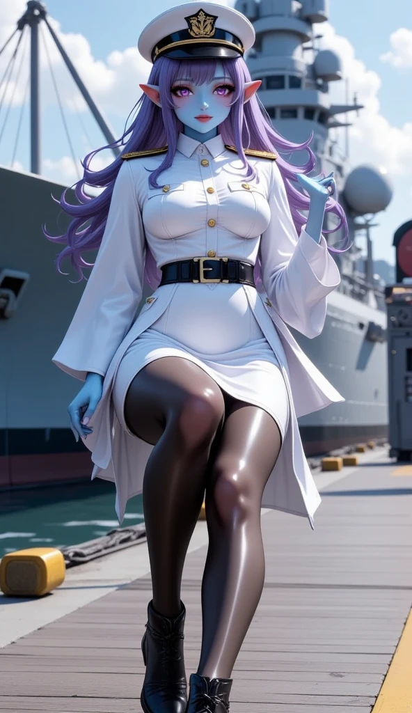  Young Beautiful Dark Elf Women ,( best quality, very detailed depiction , Incredibly Absurd High Definition ,Curvaceous Body, shiny skin with knees,Beautiful legs),(Female military personnel,Female admiral,white-toned latex military uniform with epaulettes, tight skirt , black tights,White cap, high heels),(Blue Skin:2.0, eyeshadow,Glowing purple eyes, half closed eyes:2.0, pointed ears, big breasts,Glossy lips,Shadowed face, bewitching smile,Seductive gestures), full body image :2.0,background:naval port,An anchored warship