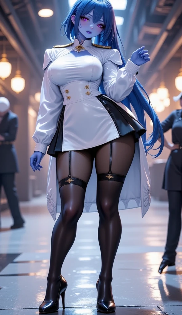  Young Beautiful Dark Elf Women ,( best quality, very detailed depiction , Incredibly Absurd High Definition ,Curvaceous Body, shiny skin with knees,Beautiful legs),(Female military personnel,Female admiral,white-toned latex military uniform with epaulettes, tight skirt , black tights,White cap, high heels),(Blue Skin:2.0, eyeshadow,Glowing purple eyes, half closed eyes:2.0, pointed ears, big breasts,Glossy lips,Shadowed face, bewitching smile,Seductive gestures), full body image :2.0,background:naval port,An anchored warship