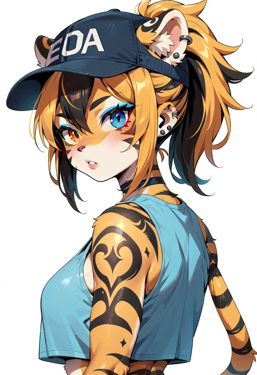 (tiger girl,  anthropomorphic,  textured fur , tufts of hair , furry,  heterochromia,  multicolored hair ,  ponytail , piercing, makeup, tattoo, Cap),  white background