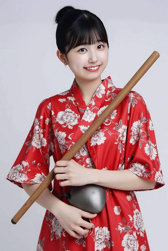  from a front view of her whole body is cute, Full body、 holding a wooden sword looking at the front、Armor、The lower body is in a hakama 、  background is monotone