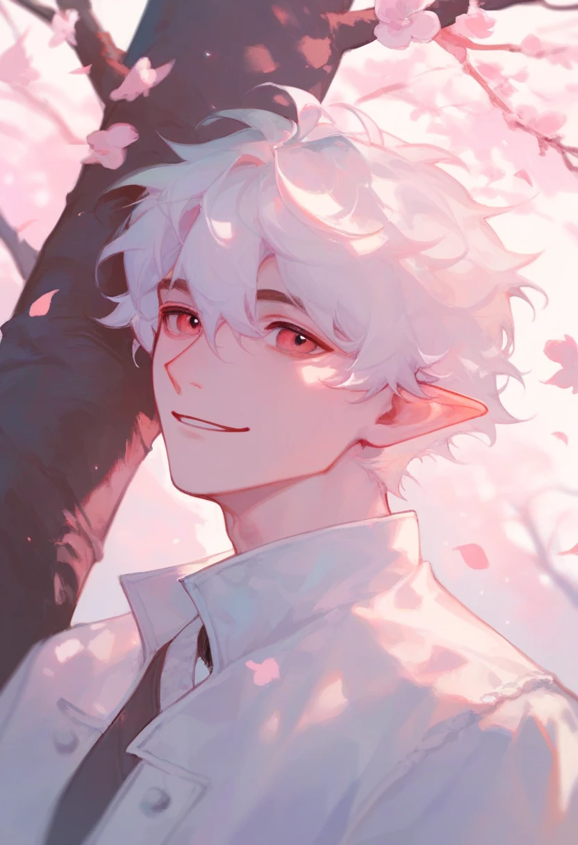 1 boy, cute face, upper body, korean, under tree, white hair, blossom, jacket, smile, leaves