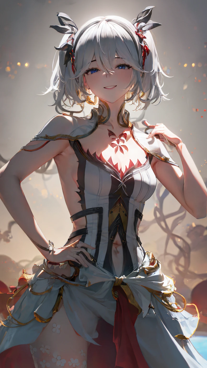 (super fine illustration, masterpiece, best quality, depth of field, ultra detailed), (Front view), (Hand on own face, Stand, Hips), hair between eyes, twintails, white hair, multicolored hair, white dress, 1girl, solo, breasts, looking at viewer, smile, bangs, blue eyes, large breasts, hair ornament, white background, dress, cleavage, Hand on own face