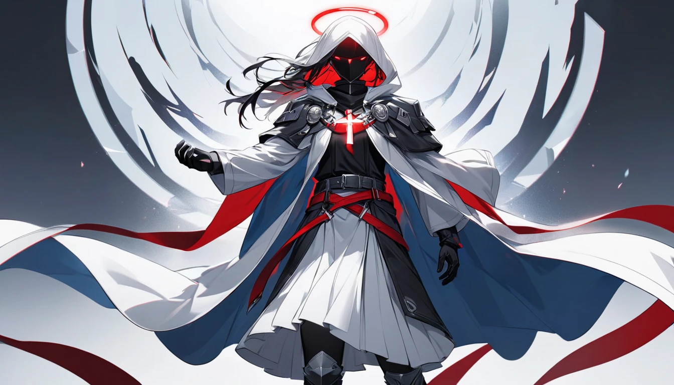 A digital illustration depicts an ominous figure standing centrally against a dark background with a subtle gradient from darker edges to lighter center. The man character wears traditional assassin's attire, including a white hood that completely covers their head. Their outfit consists of a white cross-tunic with silver and white details, a vibrant crimson red cape draped over their shoulders, and a matching red sash wrapped around their waist. A black leather belt adorns their midsection, featuring a small metallic buckle. The lower garment is a long, flowing white skirt-like coat extending down to cover their legs, with hints of dark blue and gray tones. Black gloves extend up to their forearms, while black boots are barely visible at the bottom. Surrounding the figure at knee level is a glowing circular energy ring, emitting an intense electric blue light with a shimmering effect. This futuristic halo casts a bright light on the surrounding area, creating a stark contrast with the dimly lit environment and highlighting the intricate textures of the costume. The background transitions from dark brown to light beige near the center, enhancing the dramatic focus on the central character. The overall mood is mysterious and intense, emphasized by the low-key lighting, high contrast, and cool color palette dominated by whites, blacks, and vivid reds and blues.