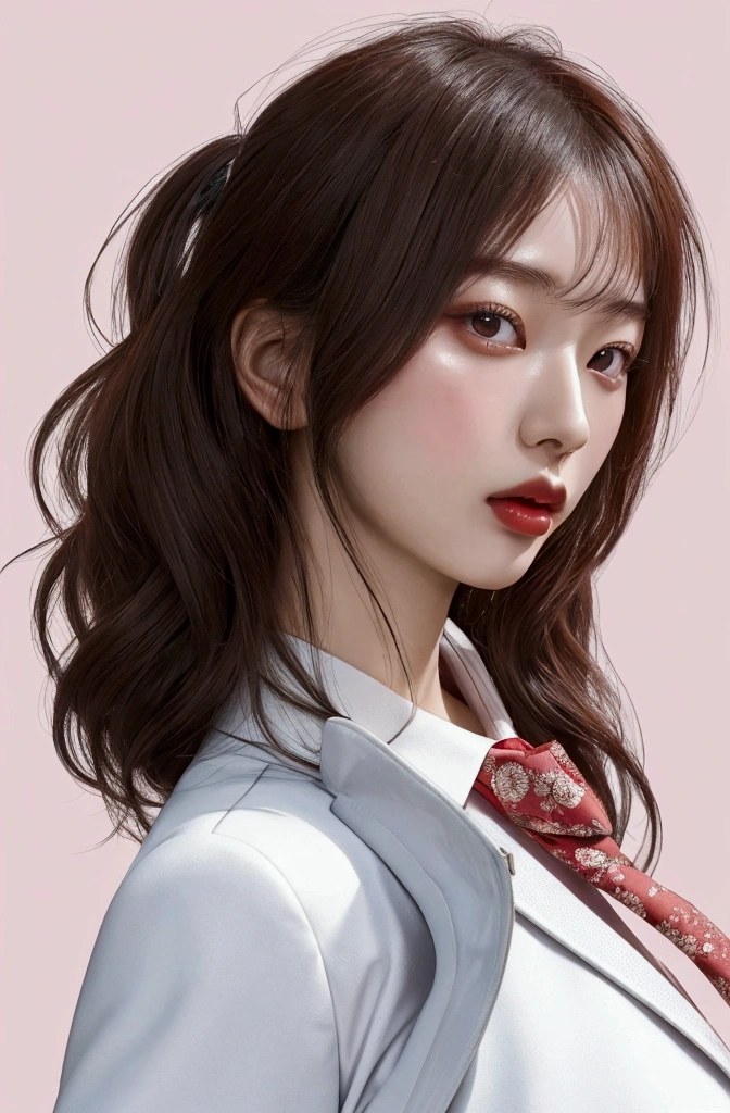 Close up of a woman wearing a white jacket and red tie,  beautiful Korean woman , gorgeous Chinese model,  Korean Girl, Chinese girl,  realistic . Chen Yi, ig model |  art gel , Ross Draws Digital Painting ,  gorgeous young Korean women,  Yangjun Cent , by ruan jia and stanley  art gel ,  beautiful asian girl sticking out her pink tongue,  Beautiful young Korean woman hanging her bag diagonally 