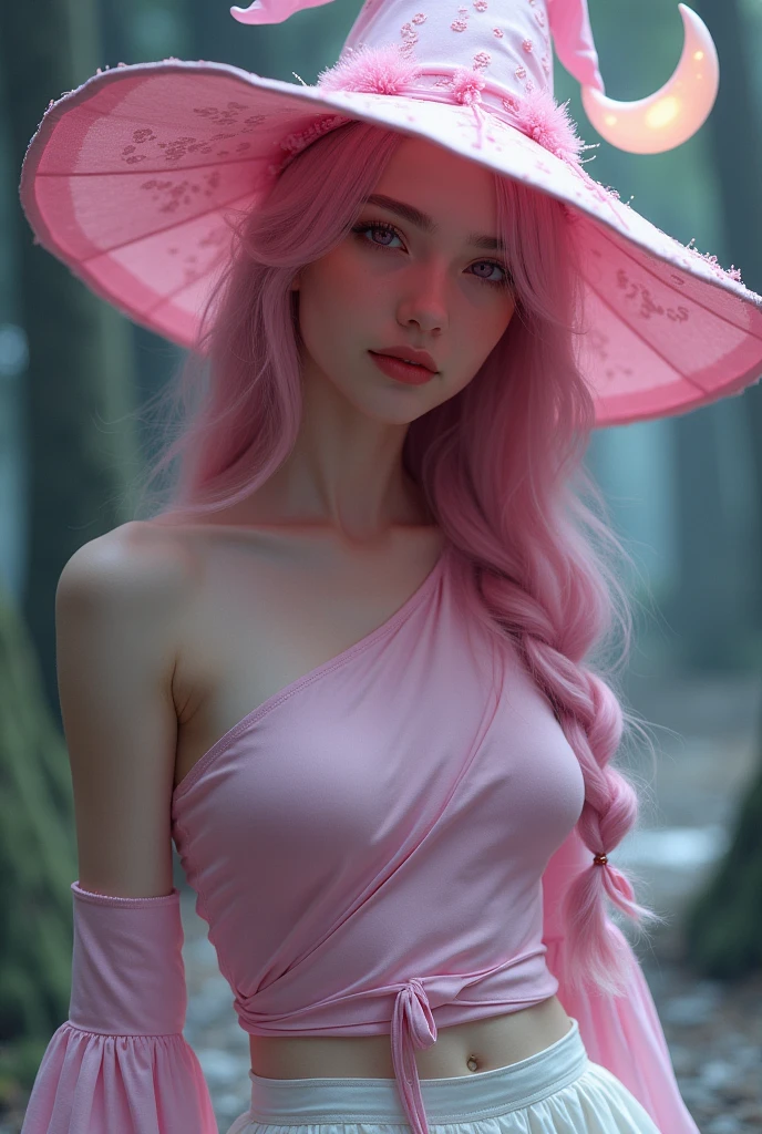 # Prompt para la imagen

"""
Create a digital masterpiece of the highest quality and detail. Depict an Argentine woman, approximately 35 years old, with pink hair and one blue eye and one green eye. She has a rich, dark skin tone and a delicate, ethereal facial structure. Her face has small beauty marks (moles) and her lips are painted a vibrant pink, complementing her overall appearance. She wears a pink, mythological witch-style hat on her head. She has signs of malnutrition, visible in her appearance. The scene is set in a fiery forest at dawn, with flames and embers illuminating the environment. The woman stands facing forward, looking towards the horizon with a serene expression. She is nude except for a transparent pink fabric that barely covers her intimate areas, adding a delicate and sensual touch. Over her shoulders, she has a transparent pink silk cape that flows gently with the wind, adding an ethereal and mystical vibe to her appearance. Her face is adorned with a gentle smile, pink-tinted lips, and beauty marks, with a small trickle of blood visible from her nose, giving her an enigmatic charm. Her natural beauty, including her pink hair, dark skin tone, and distinct eye colors, is emphasized. The background features a dramatic and intense ambiance, with the first light of dawn casting a gentle glow over the fiery landscape.
"""
