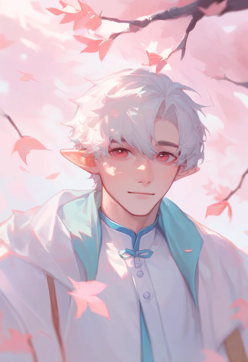 1 boy, cute face, upper body, korean, under tree, white hair, blossom, jacket, leaves