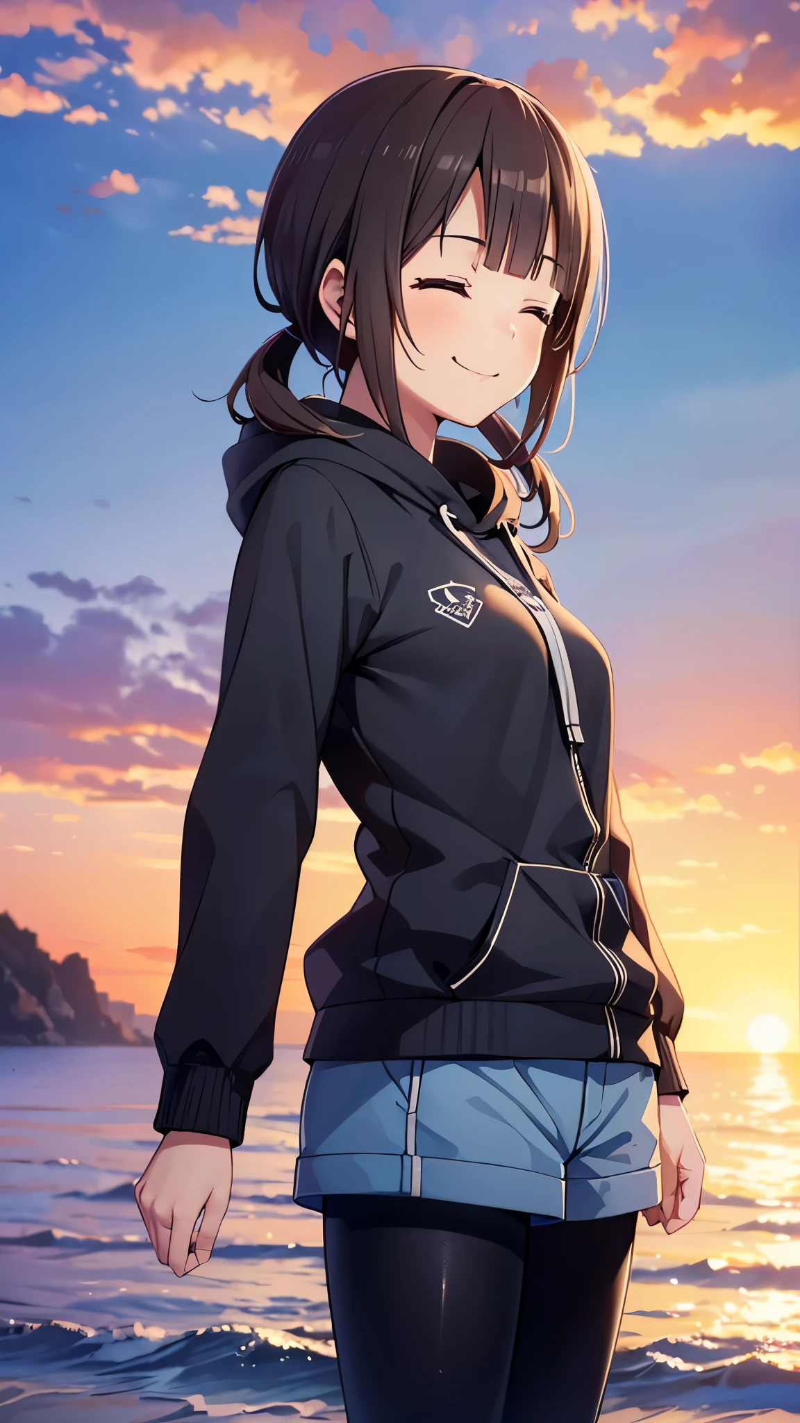 (16k, super high resolution, best quality,masterpiece, very detailed, very clear ),okitasawa,low twintale ,black hoodie,blue hot pants, pantyhose,  anatomically correct body  , looking at the camera, very detailed顔の特徴,  beautiful and perfect face,Sunset sky,夕方の夏冬のsea岸,(( upper body shot :1.3)),sea, sandy beach, looking at the camera, Front Angle,The setting sun,red cheek:1.3,((Close your eyes and smile:1.3))