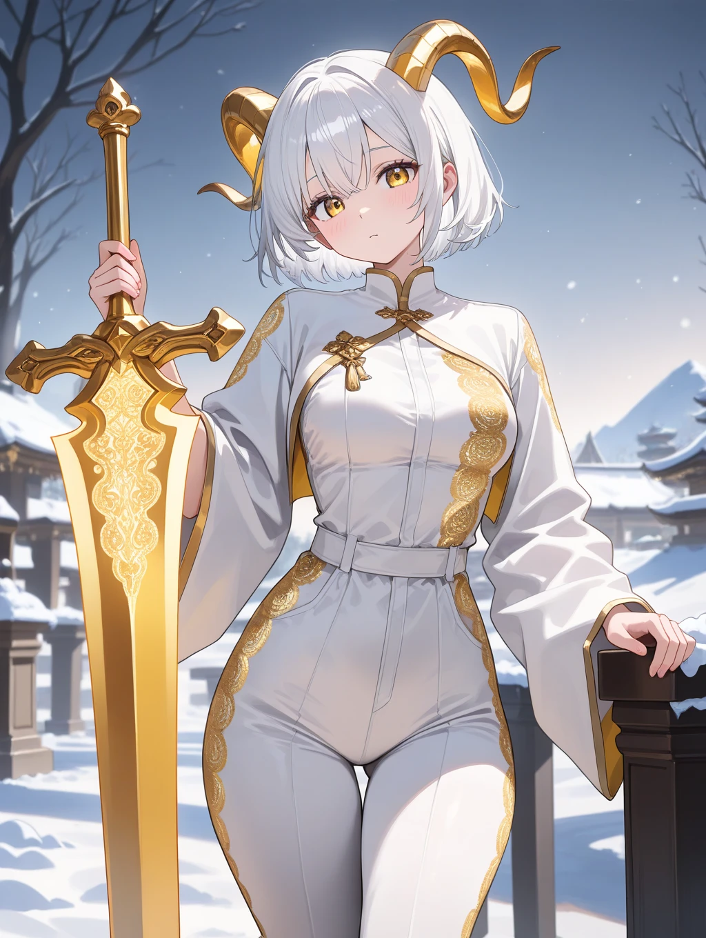 high quality,(best quality,4K,high resolution,masterpiece:1.2),super detail,(1 girl),(solo),juvenile,(Teenage female), Cute and beautiful, snow-white hair, golden dragon horns, white jumpsuit with golden patterns, short hair, golden eyes, medium breasts and big thighs, holding a golden sword, he turned around, behind her I am a white robe like snow,single photo,white temple of light,magnificent palace backdrop,wearing white robe behind