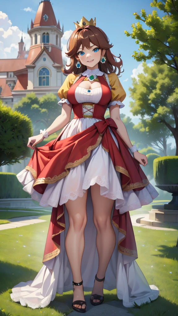 ((((masterpiece, best quality ,Ultra delicate, perfect face,detailed face,Detailed eyes,16k,high resolution,solo)))),Princess daisy super mario, brown hair, blue eyes, short products hair, gold princess crown, flower earrings, yellow long dress, puffy short sleeves, flower brooch, smile, flower garden, sky, cloudy sky, anime waifu style,full body shot,large breasts