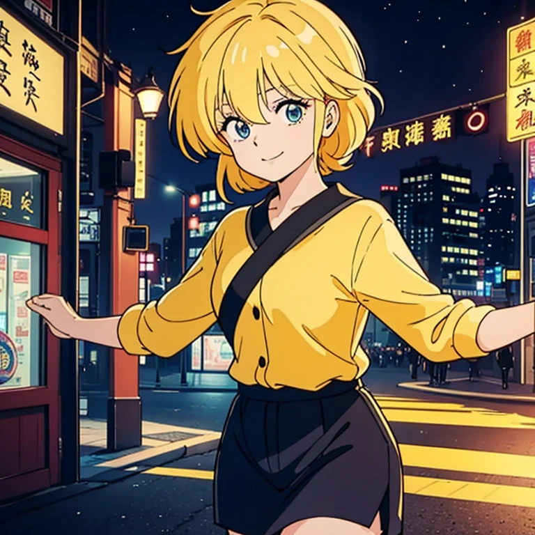  High Quality ,   masterpieces in the background ,　Yellow Hair,  shortcuts,  1 girl , 背景はCity Night, smile, smile, 80&#39;s anime vibe, style of Macro,   I'm studying 80s anime style,   80s anime art style  , Macro, 1980's anime style, City Night, 

