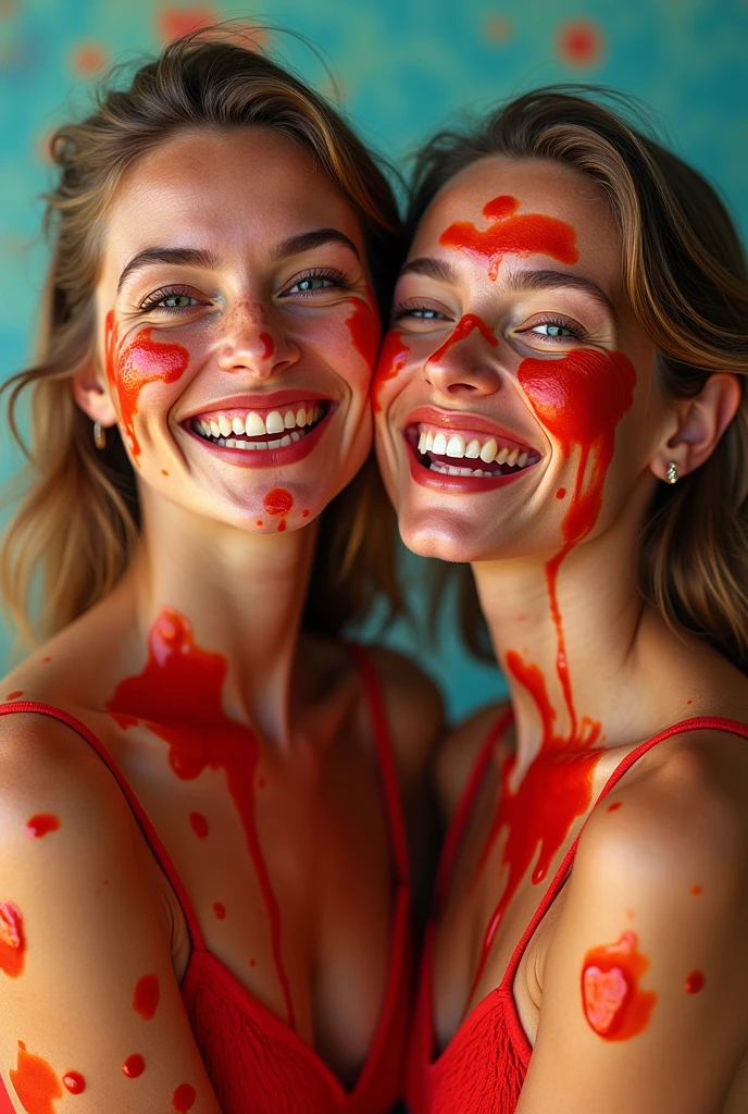 there is a 30 year old woman with clothes covered in ketchup, pretty brunette, standing up, happy, flirty, covered in red slime, chocolate, splattered goo, covered in slime!!, gooey skin, spaghetti, Outside, in a town, blue sky