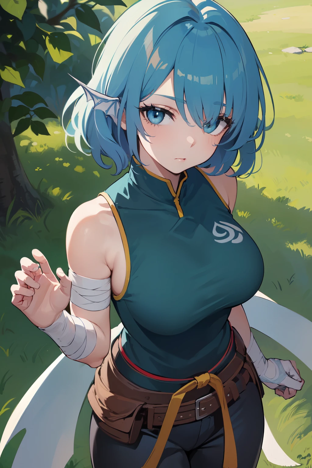 (Best Quality,Unparalleled Masterpiece:1.4),Ultra-Detailed CG 4K,(Ultra-Detailed Clear Absurdly-Vivid Mint Big Eyes:1.2),Gorgeous Round Detailed Face(Voluptuous:1.4),ADULT(Bangs:1.2)(wakasagihime, 1women, age 20, medium breast, thick, short stack, big head, (short:1.1), white eyes, blind, blue hair, short hair, head fins, sleeveless shirt, martial artist, martial artist, Kung-fu, monk, loose pants, training outfit, adventurer's gear, hand bandages, long gloves, bracers, fighter, focused, masterpiece, best quality, (fantasy:1.1),(fit:0.9), (muscular:0.9), shiny skin.)(Solo:1.4)(1Girl: 0.5)(Facing Viewer:1.2)(kung-fu ,hands crossed :1.2)(Cowboy Shot:1.2)(from above:1.1),Skindentation(Curvaceous:1.4)(Curvy:1.4)(Bimbo: 1.4)(Normal Waist: 1.2)small-nose(relaxed:1.2)(narrow eyes:1.4) dynamic pose