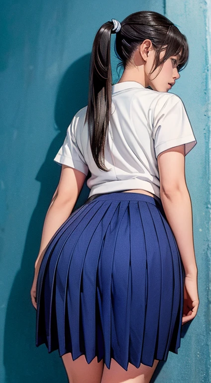 (huge ass),Girl having sex,doggy style,navy blazer,Pleated Navy Skirt,check skirt,Short hair,(focus on butt),throw,attractive body,white underwear,tanned skin,