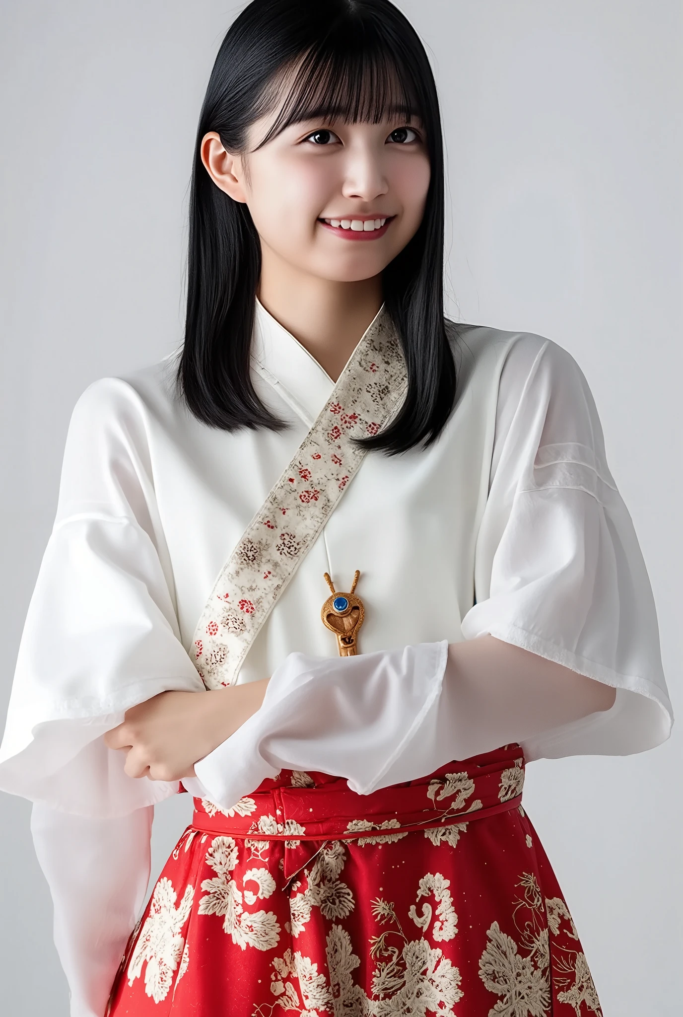  high image quality、 face with thin scalp is in perfect condition、 from a front view of her whole body is cute, Full body、 holding a wooden sword looking at the front、Armor、The lower body is in a hakama 、  background is monotone