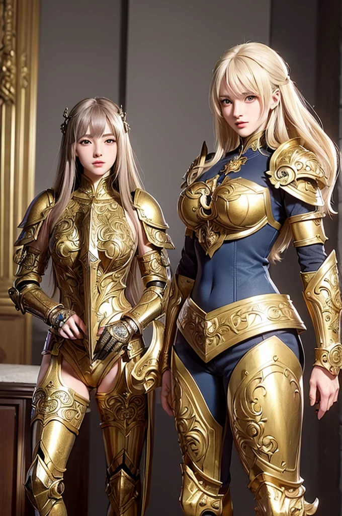 a beautiful young woman with golden hair and azure eyes standing in a castle courtyard, exquisitely detailed, highly detailed facial features, smiling ,wearing iron silver armor, intricate armor details, glowing magical energy, dramatic lighting, Renaissance castle interior, epic fantasy scene, cinematic lighting, photorealistic, 8k:1.2, highly detailed:1.2, masterpiece:1.3