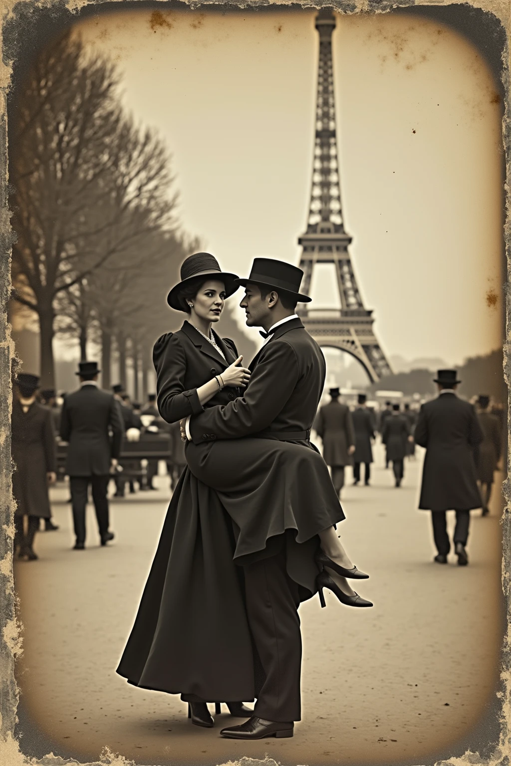1914 Paris in chaos; couples kissing in the streets. Bombs falling from the sky; explosions in the streets.