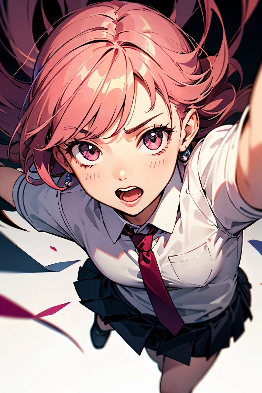 (highest quality:1.2), A girl  is falling an dark endless pit. full body portrait from overview, scared expression, face with tense, a photorealistic cute girl, beautiful face, fearful face, European face, noble face, large eyes, beautiful lip,open mouth to shout, Short-cut pink hair, wearing white shirt, wearing red tie, wearing black skirt.