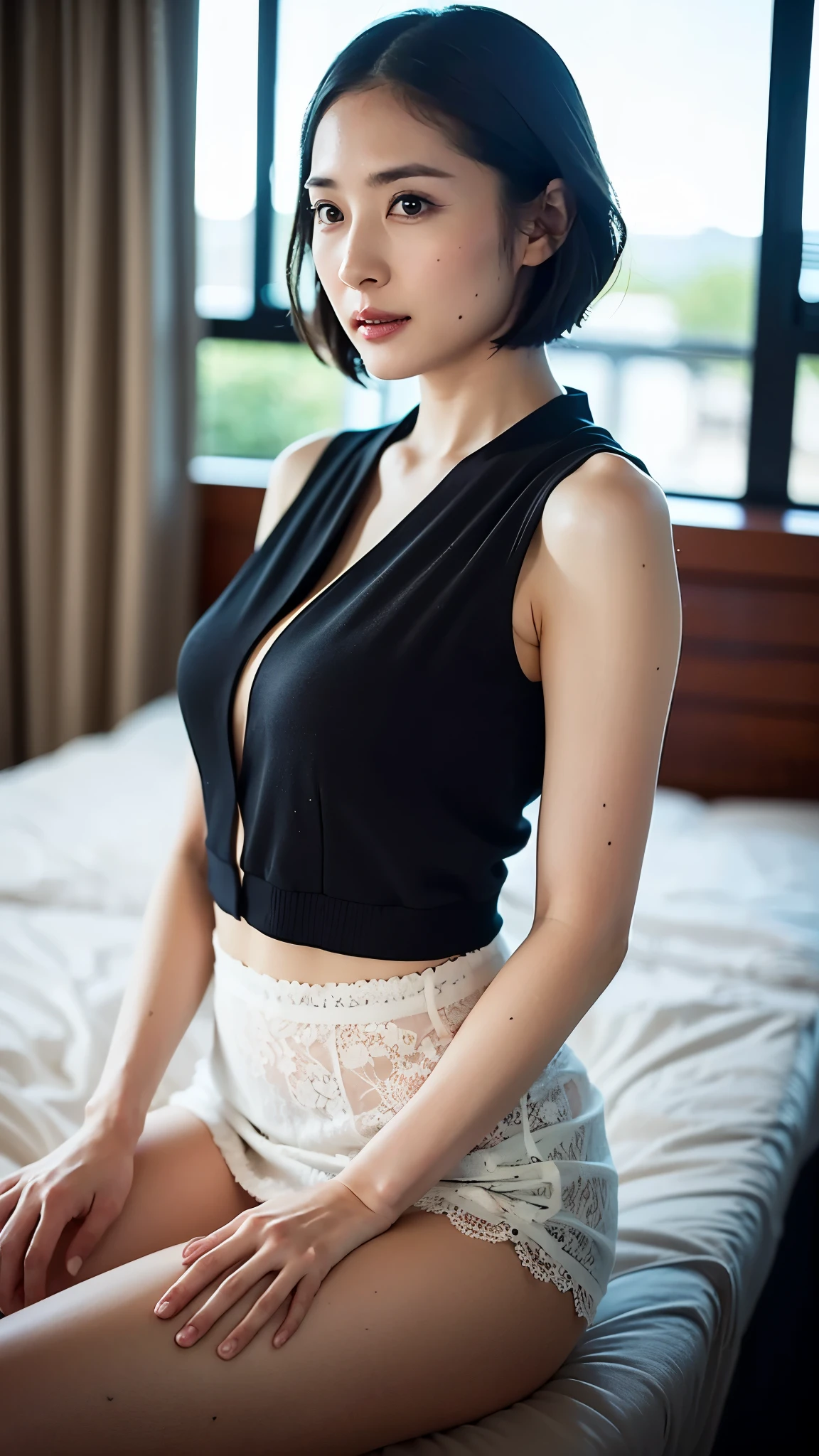 best quality, ultra high res, (photorealistic:1.4), 1girl, off-shoulder dress, black skirt, studio background, (faded ash gray hair:1.2) (medium breasts:1.2), (busty:1), looking at viewer