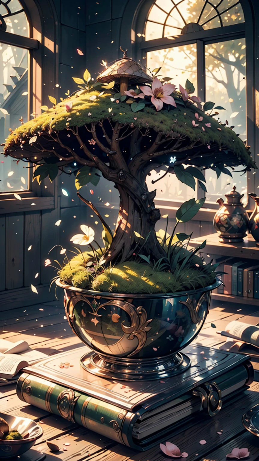   masterpieces in the background ,  best quality, ( Highly Detailed CG Unity 8K Wallpaper ), ( best quality), ( best illustration), ( Best Shadow ), A mushroom house covered with moss， fireflies，Starlight envelops the room，petal, Isometric 3D,  octane rendering, ray tracing, super detailed,