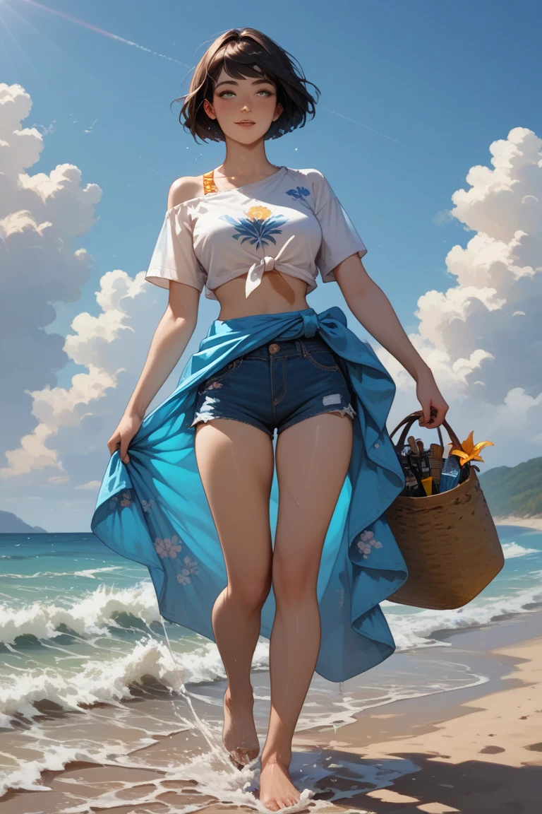 A sunny beach scene in anime style. In the foreground, a man is seen from behind and from the waist up, walking along the shoreline. He has short brown hair, wears floral-patterned bermuda shorts, and a plain white T-shirt. His posture is relaxed, and he appears to be carrying nothing. A few meters ahead, a woman is seen in full body, walking further along the sandy beach. She has short black hair styled in a bob cut tied back into a small ponytail. Her figure is slender but with pronounced curves, particularly around the hips. Her skin is sun-kissed and glowing. She wears the top of a bikini and a semi-transparent pareo tied around her waist. Over one shoulder, she carries a straw beach bag, and a colorful beach towel is draped over the other shoulder. The ocean waves gently lap at the shore, and soft footprints trail behind them in the wet sand. The sky is bright and clear, with the sunlight casting soft shadows on the sand. The mood is tranquil and summery, with vibrant colors and a warm atmosphere.