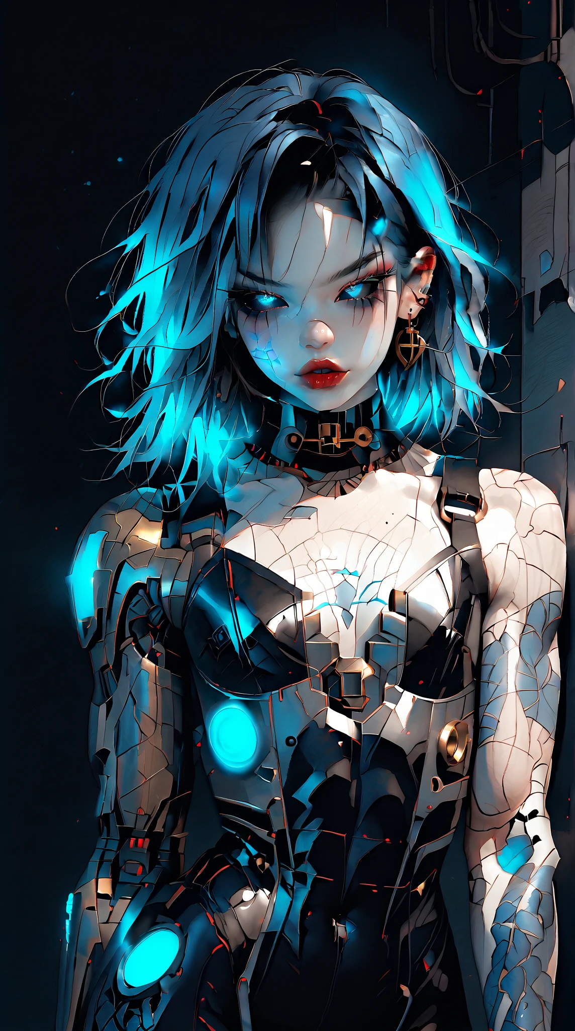 (nsfw:1), (Uncensored:1), score_9, score_8_up, score_7_up, (Three quarters Shot), (1 girl), (asian), beautiful teenage (skinny) muscular goth cyborg girl, (full Cybernetic bodysuit:1.5), (black sclera:1.5), (blue glowing eyes:1.5), (blue glowing body veins:1.5), (flat chest:1.25), (blue glowing hair:1.25), (beautiful face:1.25), (bodybuilder femboy physique:1.25), (skinny long legs:0.75),(blue willow pattern:1.5), (gold cracks:1.2), kintsugi, long hair, (skin painting:1.2), full body, (white skin), k1ntsug1, bimbo lips, cowboy shot, cybernetic, mechanoid body parts, exposed cables and circuits, neon lights, gothic neon style, cyber punk style, super realistic image, beautiful digital paint , hyper Realistic illustrations, 