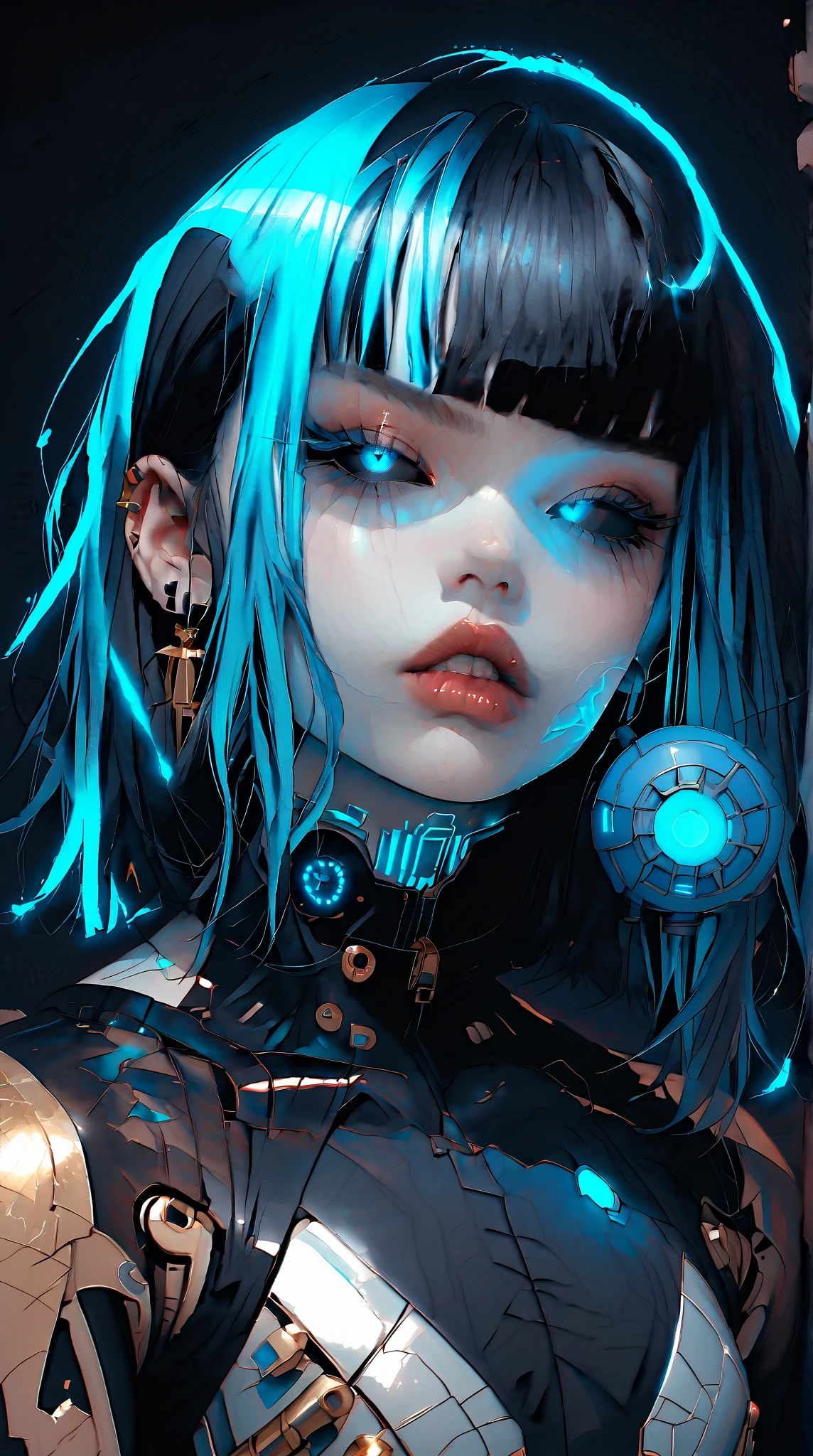 (nsfw:1), (Uncensored:1), score_9, score_8_up, score_7_up, (Three quarters Shot), (1 girl), (asian), beautiful teenage (skinny) muscular goth cyborg girl, (full Cybernetic bodysuit:1.5), (black sclera:1.5), (blue glowing eyes:1.5), (blue glowing body veins:1.5), (flat chest:1.25), (blue glowing hair:1.25), (beautiful face:1.25), (bodybuilder femboy physique:1.25), (skinny long legs:0.75),(blue willow pattern:1.5), (gold cracks:1.2), kintsugi, long hair, (skin painting:1.2), full body, (white skin), k1ntsug1, bimbo lips, cowboy shot, cybernetic, mechanoid body parts, exposed cables and circuits, neon lights, gothic neon style, cyber punk style, super realistic image, beautiful digital paint , hyper Realistic illustrations, 