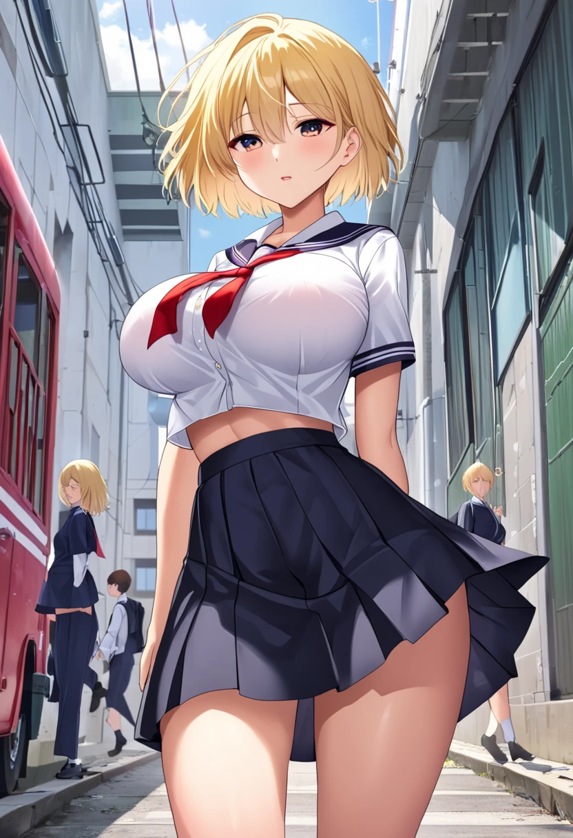 A beautiful girl with big tits and short blonde hair is walking and wearing a school uniform and short skirt