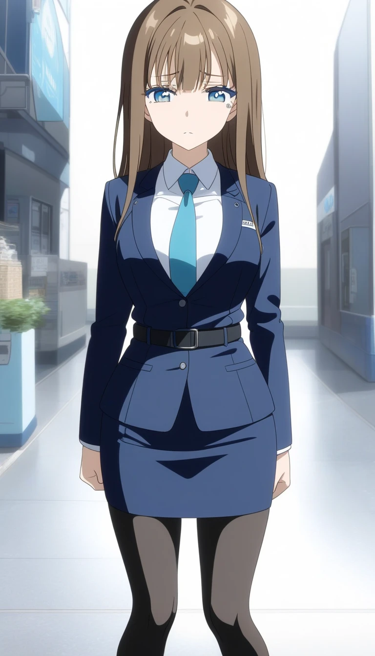  black tights、Brown Hair、Middle hair、bangs、 sad face、 Teal Eyelids、 Full Body Style 、Normal milk、 narrow waist 、Bare legs、 in a suit、 navy blue jacket , collared shirt 、 white shirt、 blue tie,belt,navy blue mini pencil skirt, black tights、White pumps、Anime Images、
