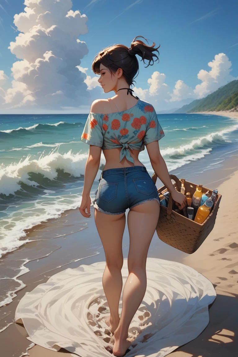 A sunny beach scene in anime style. In the foreground, a man is seen from behind and from the waist up, walking along the shoreline. He has short brown hair, wears floral-patterned bermuda shorts, and a plain white T-shirt. His posture is relaxed, and he appears to be carrying nothing. A few meters ahead, a woman is seen in full body, walking further along the sandy beach. She has short black hair styled in a bob cut tied back into a small ponytail. Her figure is slender but with pronounced curves, particularly around the hips. Her skin is sun-kissed and glowing. She wears the top of a bikini and a semi-transparent pareo tied around her waist. Over one shoulder, she carries a straw beach bag, and a colorful beach towel is draped over the other shoulder. The ocean waves gently lap at the shore, and soft footprints trail behind them in the wet sand. The sky is bright and clear, with the sunlight casting soft shadows on the sand. The mood is tranquil and summery, with vibrant colors and a warm atmosphere.