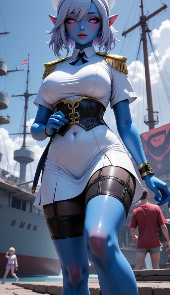  Young Beautiful Dark Elf Women ,( best quality, very detailed depiction , Incredibly Absurd High Definition ,Curvaceous Body, shiny skin with knees,Beautiful legs),(Female military personnel,Female admiral,white-toned latex military uniform with epaulettes, tight skirt , black tights,White cap, high heels),(Blue Skin:2.0, eyeshadow,Glowing purple eyes, half closed eyes:2.0, pointed ears, big breasts,Glossy lips,Shadowed face, bewitching smile,Seductive gestures), full body image :2.0,background:naval port,An anchored warship