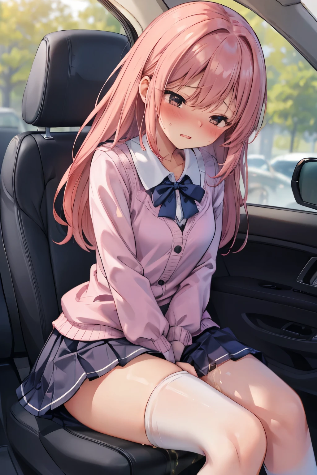 (8K, ultra-detailed, best quality, anatomically perfect body:2), (beautiful breast:1.2), shiny skin, (1 girl), (have to pee), (desperate urge to pee), (very desperate to pee), (her bladder is at its limit:1.5), (in the car, sitting shallowly:1.6), (fidget:1.4), wetting self, (blouse, long skirt, pantyhose:1.3), (ankle boots), panty pull, (Untidy hair:1.4), (she squeezes her crotch tightly:1.8), (leaning backward:1.5), (knees together, Rub each other's thighs:1.5), (shrugs:1.6), (orgasm:1.5), (full face blush:1.7), (embarrassment:1.6), (impatience:1.7), (flustered:1.5), (flowing sweat:0.7), (twist whole body:1.4), (panting), breathless, (Humiliation), (Erotic feelings), (closed eyes:0.95), (She is arousal to hold pee:1.2), (tear), looking away, (head tilt:1.1), (parted lips:1.1), (SIGMA 105 mm F/2.8, 1/100 sec shutter, award-winning), nsfw,