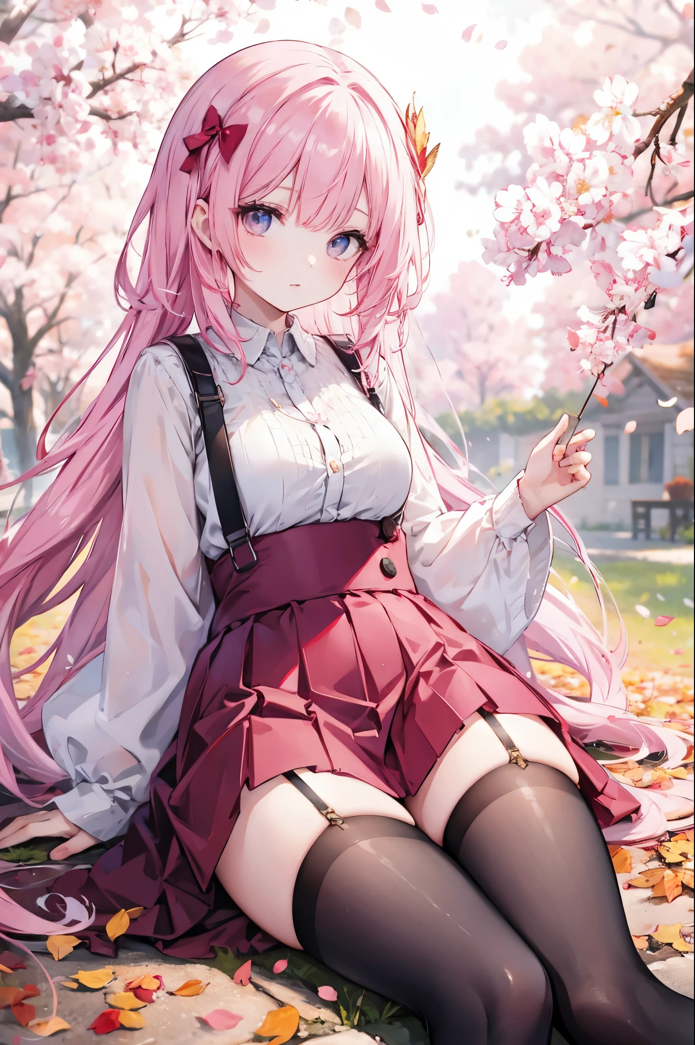 A young girl, under a blooming cherry tree surrounded by pink fallen leaves, wearing a suspender, sunlight shining through the colorful leaves, stockings, and necklace
