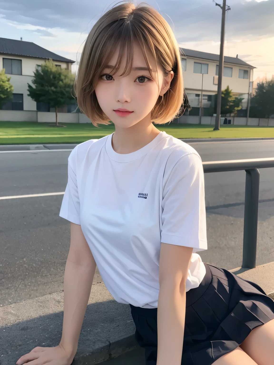 Cute 21 years old Japan 、college aged,Super Detail Face、Eye of Detail、二重まぶた、beautiful thin nose、foco nítido:1.2、prety woman:1.4、(light brown hair,short-haired、),fair white skin、top-quality、​masterpiece、超A high resolution、(Photorealsitic:1.4)、natta、Bright lighting、A smile、Bedroom at home、tshirts、shortpants、short pants、C cup breasts、