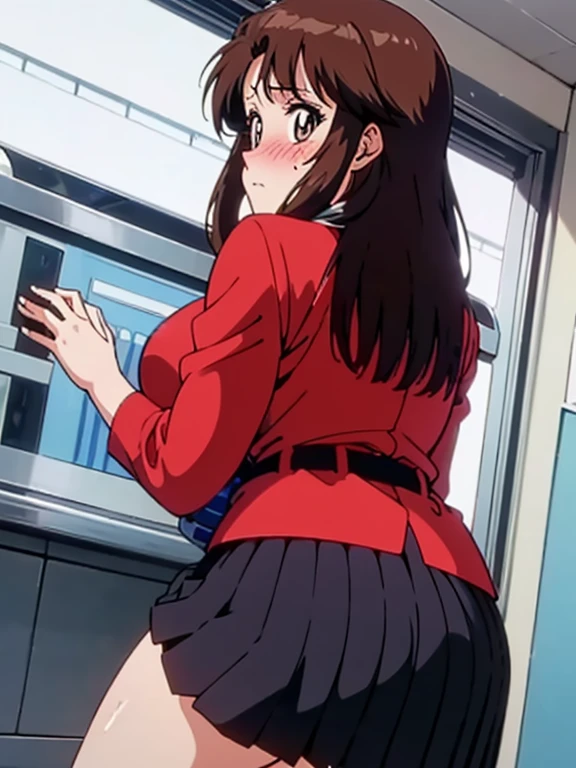 Koyomi mizuhara, glasses, brown hair, long hair,large breasts, Long sleeved shirt, biker shorts, Tight high cut thong, back of view, Wallpaper, ass check view, chikan, ass grab, train background, looking back smirking, sexual tension