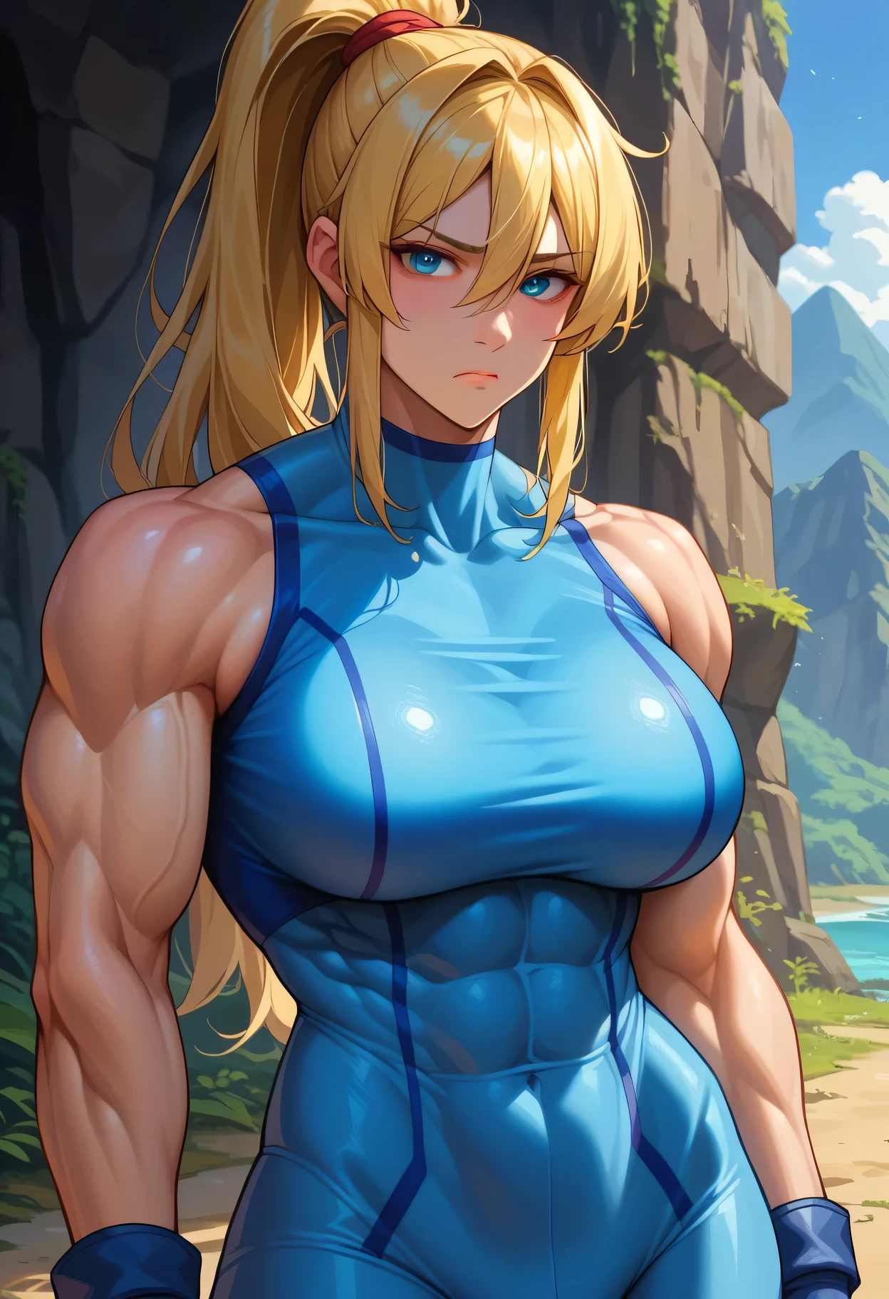 score 9 、score 8 up、score 7 up、1girl、Alone、We def、Blonde、ponytail hair、Strong muscles、 Bodysuit 、blue clothes、Big Breasts、Muscular and strong、 Very Large Breasts 、blue pantyhose、blue gloves、  standing、Turn your head to the side、 looking at you 、 arm-crossed、Hit、 sad、cave entrance、 muscular woman 、