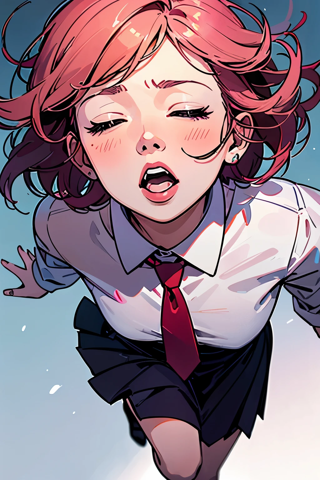 (highest quality:1.2), A girl  is falling an dark endless pit. full body portrait from overview, scared expression, face with tense, a photorealistic cute girl, beautiful face, fearful face, European face, noble face, closed eyes, beautiful lip,open mouth to shout, Short-cut pink hair, wearing white shirt, wearing red tie, wearing black skirt.