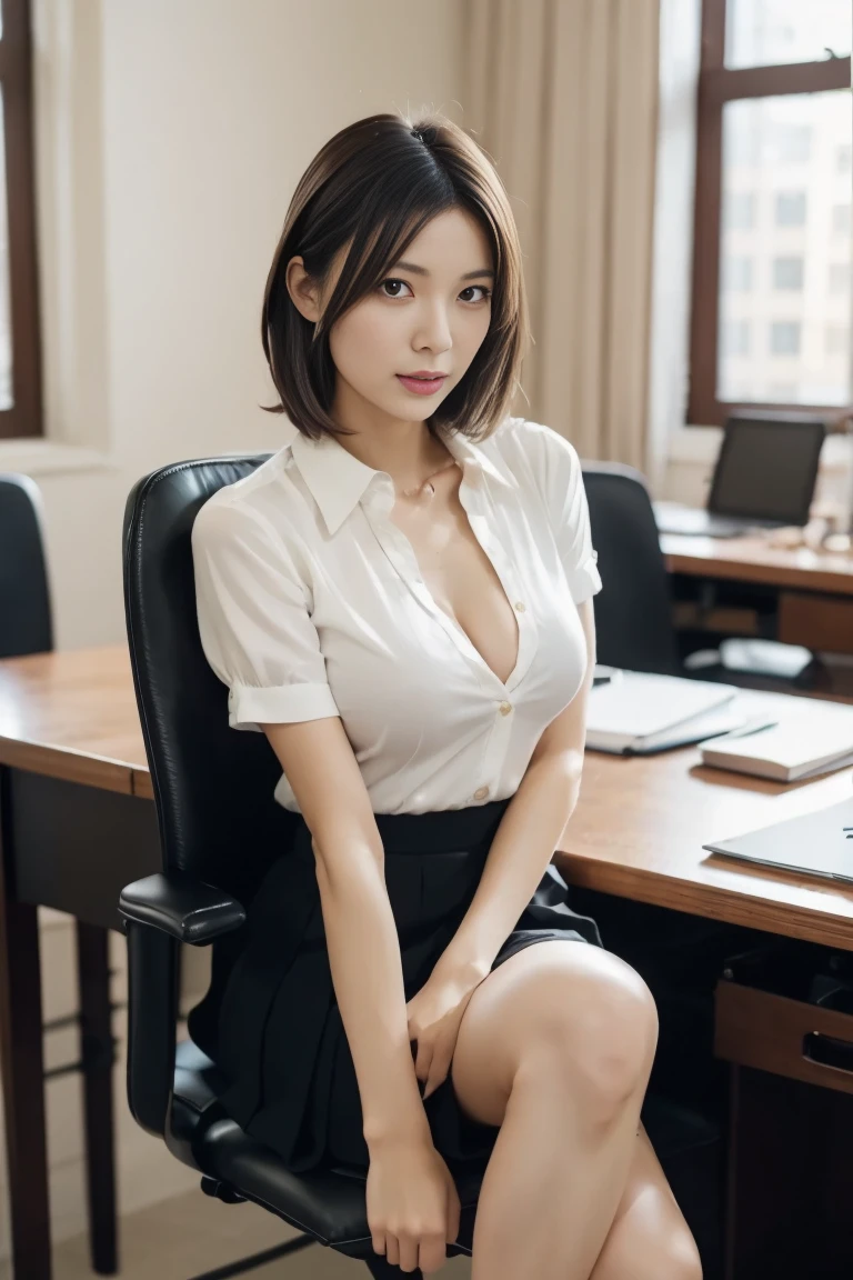 (masterpiece:1.3)、Super detailed finish、(High resolution、8k:1.3)、(highest quality)、(Super realistic like a photo:1.3)、correct limbs、anatomically correct, The face is in focus、close up on face, perfect proportions、ultra high definition face、Face is in focus、Ultra high definition and beautiful eyes、(focused eyes、Eyes are symmetrical:1.3)、High-definition and beautiful skin、firm skin、Ultra high definition hair texture、japanese woman、20 years old、very cute, boyish short hair:1.2, Office lady, (white shirt、pencil skirt:1.2), office, sitting、(Pose with hands on chest、dynamic pose:1.3), inner thigh、small breast, (very embarrassed:1.1), (blush:1.3), multiple angles、(looking at viewer:1.2), nsfw, cleavage