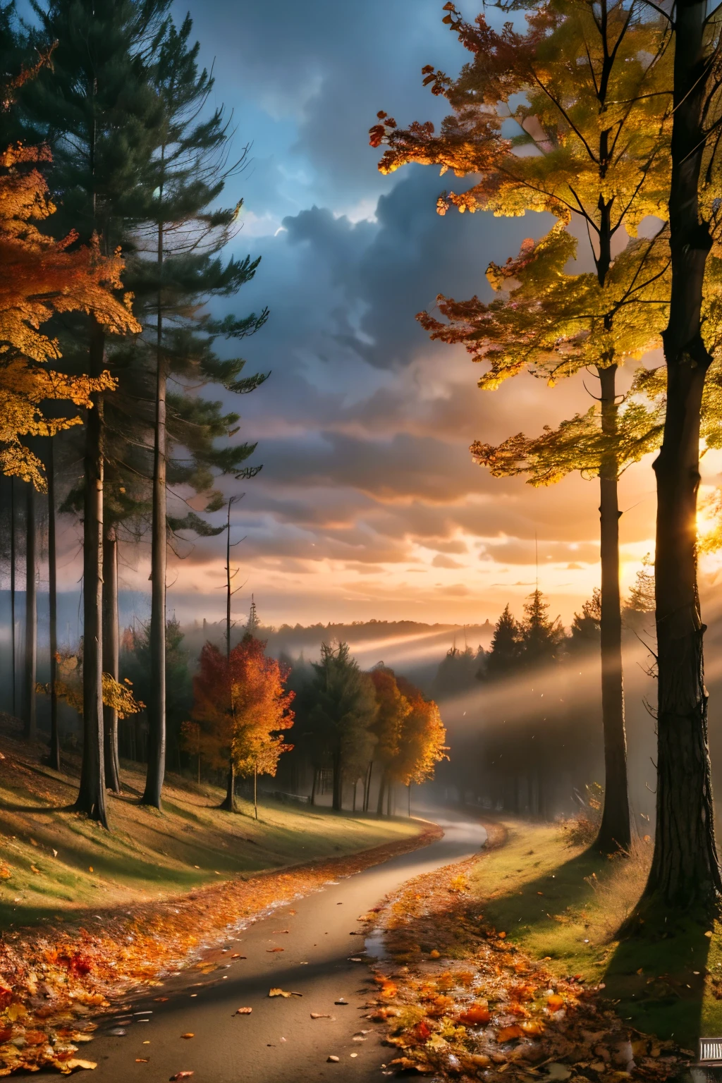 cloudy sky at autumn sunset in city, fallen leaves, forest landscape, fog, twilight, dramatic lighting, melancholic atmosphere, cinematic, digital art, vivid colors, highly detailed, masterpiec