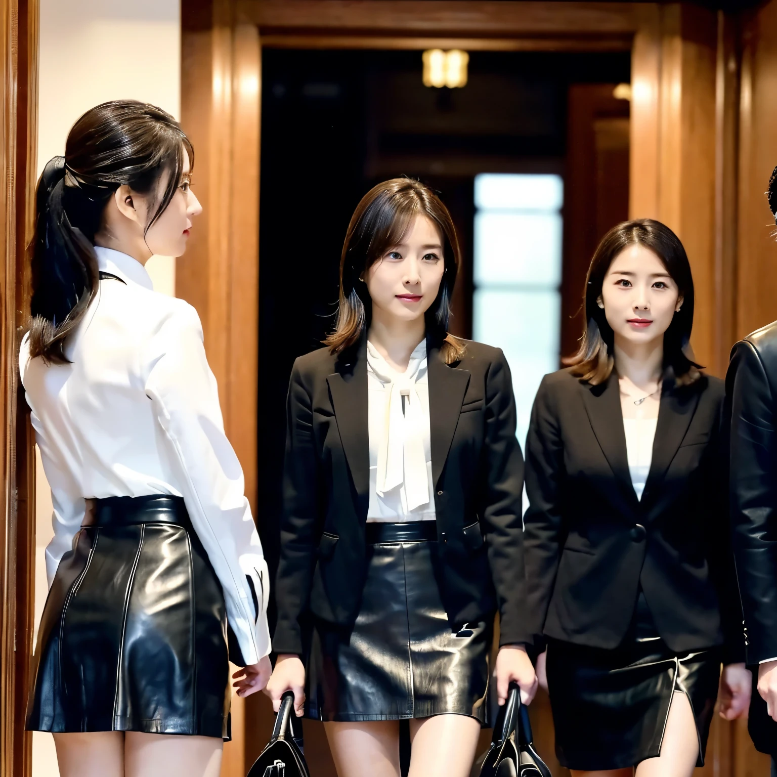 Original photo。(( All Young Women Microskirt ))。Government PR magazine cover。((black linen suit jacket ))。 Extremely Short Leather Miniskirt 。 Young Women Wearing Large Numbers of Business Suits 。Entrance to Congress Hall 。 solemn atmosphere 。Person in formal attire 々。white satin ribbon tie blouse。high resolution, masterpiece. (((全員が太腿を全て露出した極端に短いLeather micro skirt を穿いた若い女性職員たちの集団)))。Aisle in the large Japanese parliament building 。 Many Young Women and Older Male Legislators 。 Group of Female Employees Wearing Extremely Short Leather Micro Skirts All of Their Thighs {x} Wore Many Linen Business Suits A group of women walk out side by side through a wide wooden door at the entrance to the parliament hall。Mid-length dark hair 。low back bun hair, (((スカートは極端に短いleather micro mini skirt。スカートは極端に短いleather micro mini skirt。leather micro mini skirt)))。Large ceiling 。(( make room for the title above the person ))。extremely short micro miniskirt。(( 太腿を全て露出した極端に短いLeather micro skirt を穿いた若い女性職員たちの集団))。Skirt with all thighs exposed up to the top 。(((女優は全員がLeather micro skirt )))。Leather micro skirt . smile