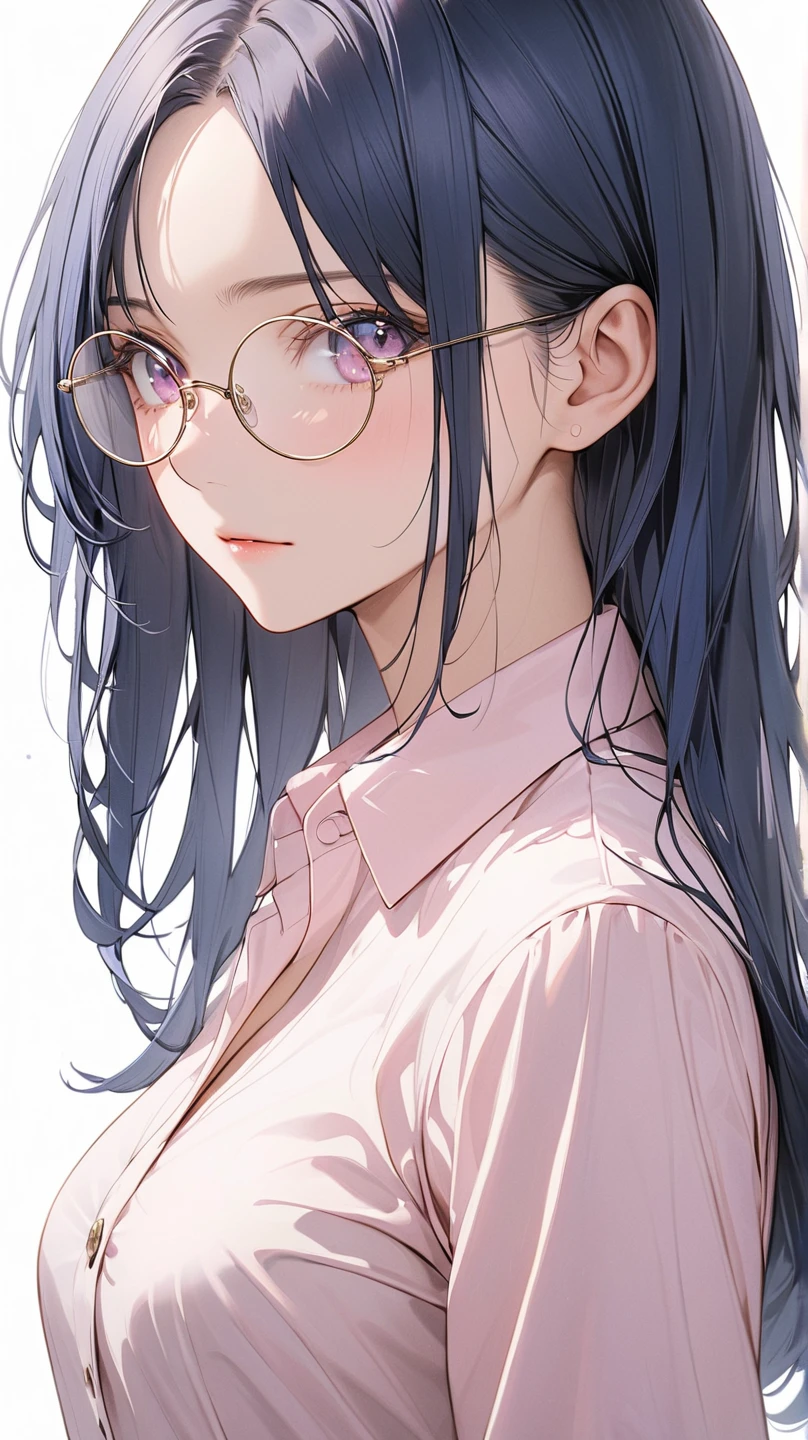 face details,semi realistic, Masterpiece, Master work, perfect , 4k, 1woman, slim body, mature body, slim body, medium size breast, half body-length straight hair, straight hair, middle parted bangs, showing large forehead, yale blue colored hair, pink eyes, wearing round glasses, shy expression face, wearing dark blue blazer, wearing pink buttoned shirt, wearing white short skirt, standing pose, empty background, white background, high res, ultrasharp, 8K, masterpiece, looking at the viewer (masterpiece), best quality, expressive eyes, perfect face