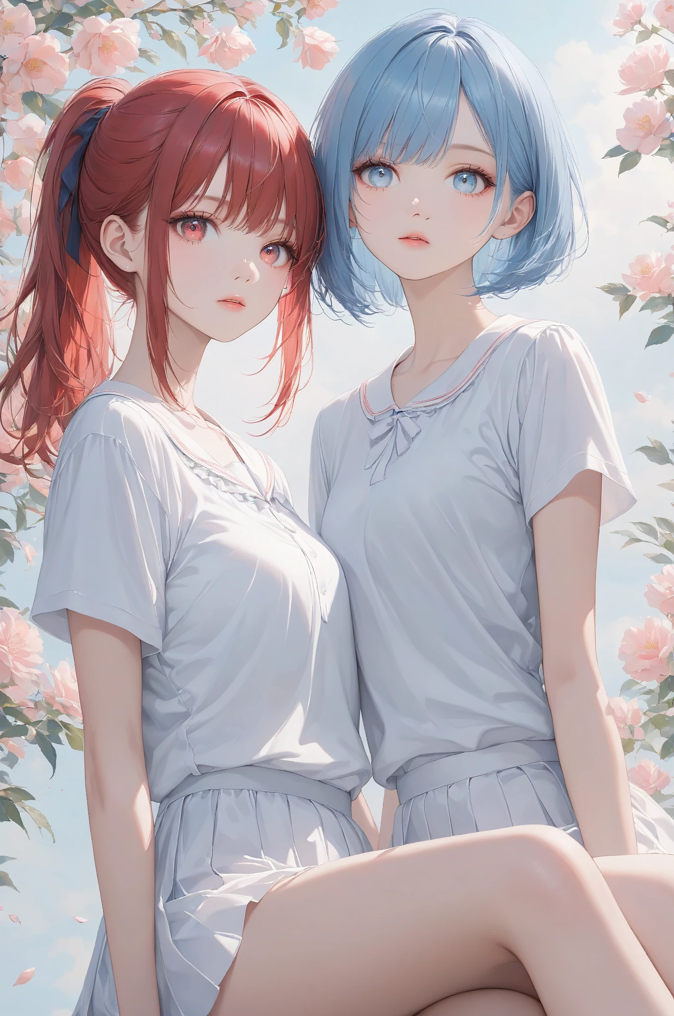 Masterpiece, high quality, high resolution, 16K, super detailed background, ultra realistic, digital painting, pastel colors, delicate hair, one girl has red hair ponytail, red eyes, the other girl has short blue hair bob, blue eyes, beautiful face, long eyelashes, clean skin, thin legs, pretty eyes, school, Dramatic Angle