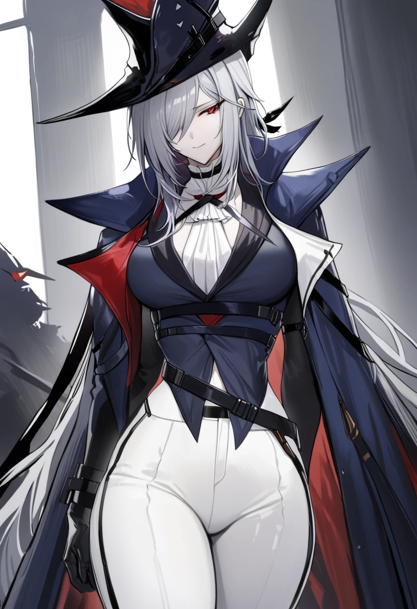 masterpiece,  best quality,  1 girl , Gladiia  \(default)\( Arknights ),  Arknights ,  cowboy shot , Gray Hair, hair over one eye, Red Eyes, Black Hat,  black shirt ,  navy blue jacket,  white pants