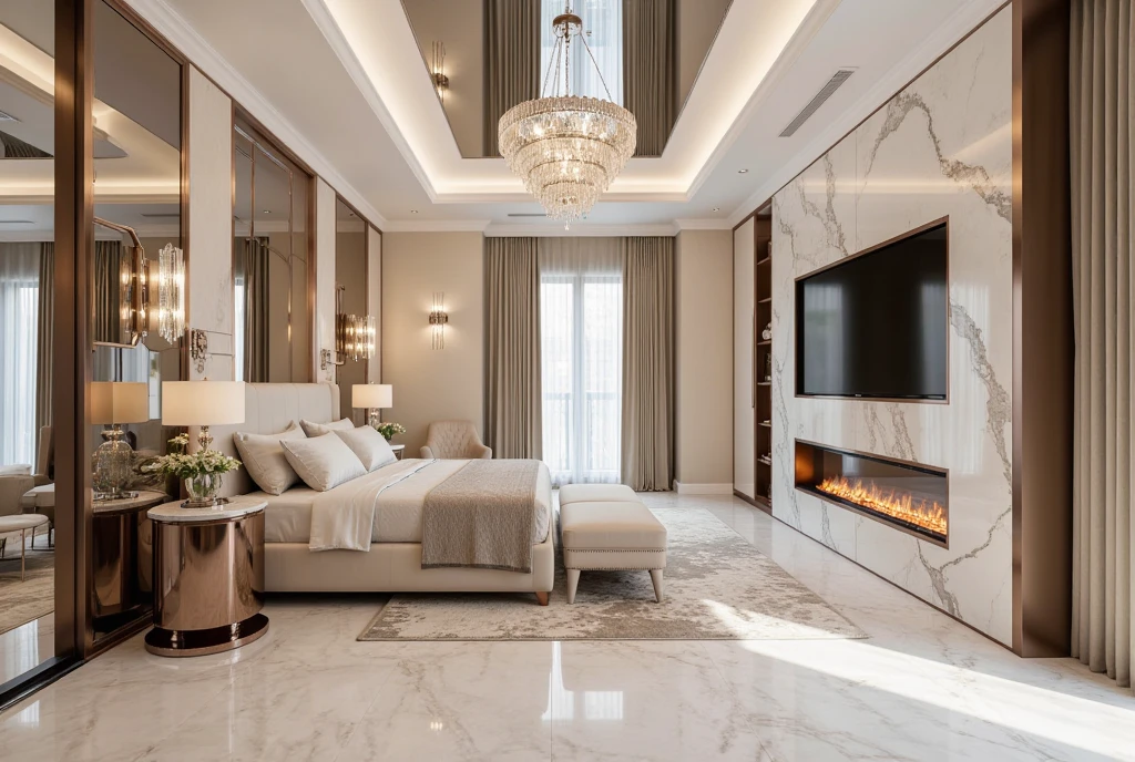 This image showcases a luxurious and contemporary bed room with a sophisticated, yet inviting atmosphere. 
The room features a striking marble floor and a partial marble wall, adding a touch of opulence and visual interest. A large, flat-screen television is mounted on the marble wall above a modern fireplace, creating a focal point for entertainment.  Built-in shelving provides storage and display space.

Large windows offer ample natural light and a view of the exterior, while elegant taupe drapes provide privacy and soften the light. A dramatic, multi-tiered chandelier with crystal accents hangs from the mirrored ceiling, adding a touch of glamour and reflecting the light throughout the room. Wall sconces provide additional illumination.

The overall color palette is neutral and sophisticated, with creams, whites, and taupes dominating the space. Touches of black in the furniture and rug add contrast and definition. The room is clearly designed for both comfort and style, offering a luxurious and inviting space for relaxation and entertainment. Enhance the quality of rendered images! Here are some key suggestions: 1. **Resolution**: Increase the resolution for sharper and more detailed visuals. 2. **Lighting**: Experiment with different light sources and angles to achieve realistic effects. 3. **Materials and Textures**: Use high-quality textures and pay attention to details like reflections. 4. **Post-Processing**: Adjust contrast, brightness, and color balance after rendering to elevate the images. 5. **Render Settings**: Optimize settings like anti-aliasing and global illumination to enhance quality without extending rendering time. Implement these tips t