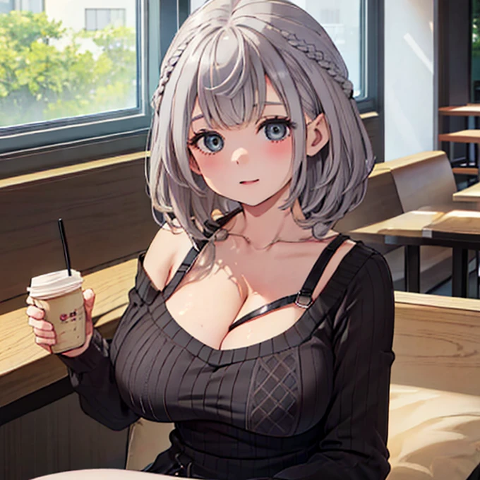  best quality,cute、Confused face、Inside the cafe、 sitting、Perfect means、Big Breasts、3✕3の目、 dark eyes、Grey Hair、((( cleavage)))、(((long cleavage 1;6)))、