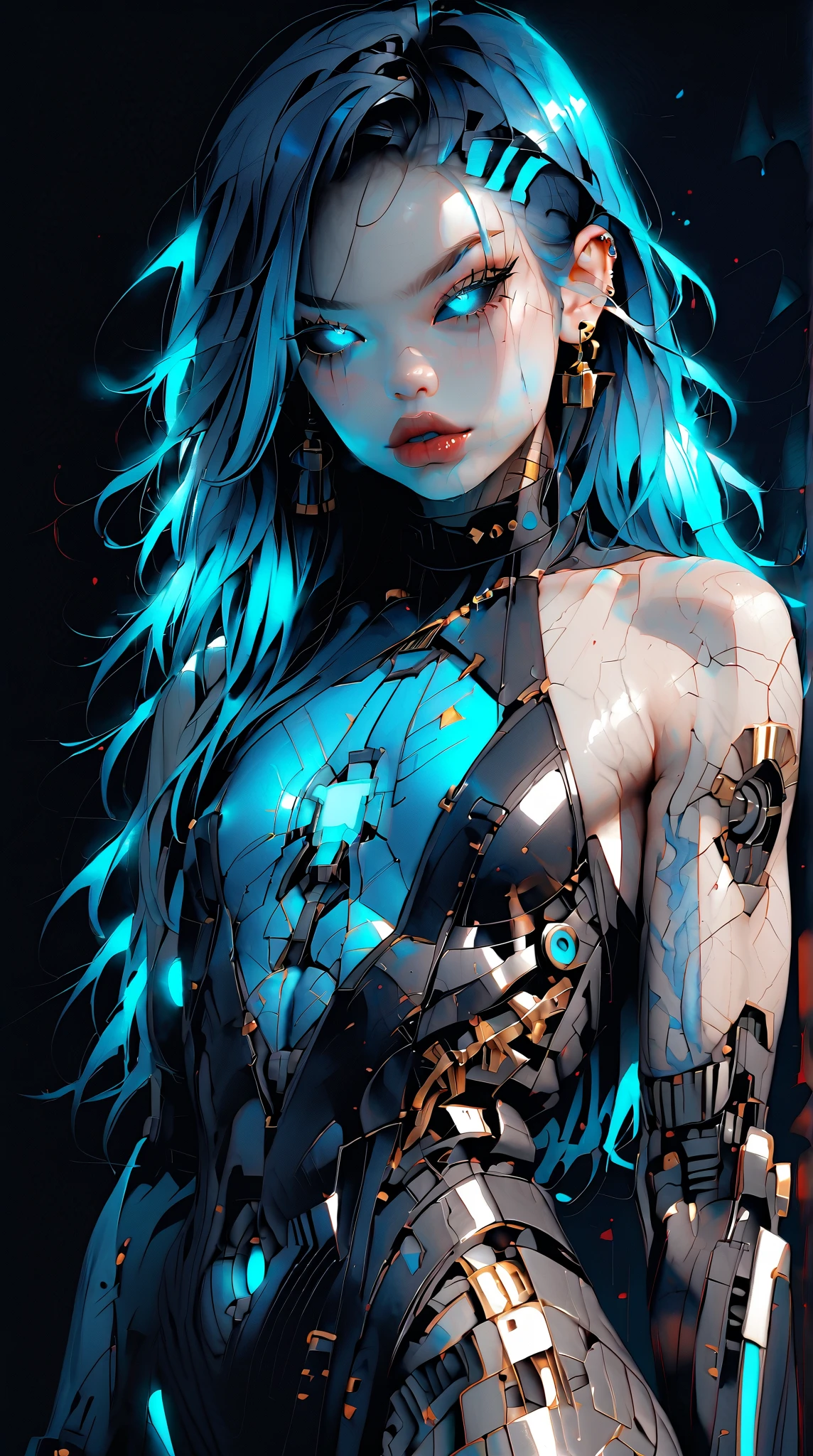 (nsfw:1), (Uncensored:1), score_9, score_8_up, score_7_up, (Three quarters Shot), (1 girl), (asian), beautiful teenage (skinny) muscular goth cyborg girl, (full Cybernetic bodysuit:1.5), (black sclera:1.5), (blue glowing eyes:1.5), (blue glowing body veins:1.5), (flat chest:1.25), (blue glowing hair:1.25), (beautiful face:1.25), (bodybuilder femboy physique:1.25), (skinny long legs:0.75),(blue willow pattern:1.5), (gold cracks:1.2), kintsugi, long hair, (skin painting:1.2), full body, (white skin), k1ntsug1, bimbo lips, cowboy shot, cybernetic, mechanoid body parts, exposed cables and circuits, neon lights, gothic neon style, cyber punk style, super realistic image, beautiful digital paint , hyper Realistic illustrations, 